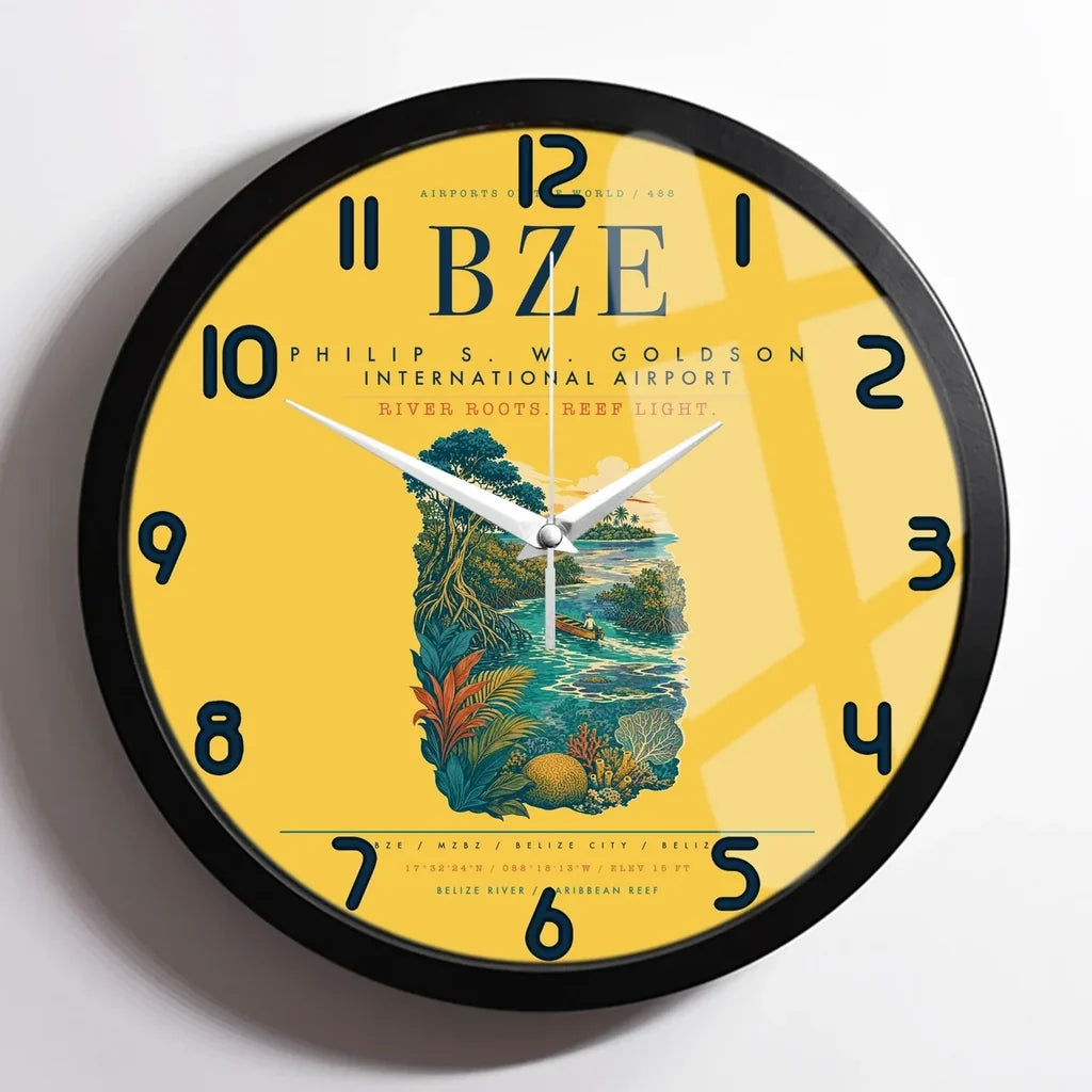Philip S. W. Goldson International Airport (BZE) design on yellow framed wall clock