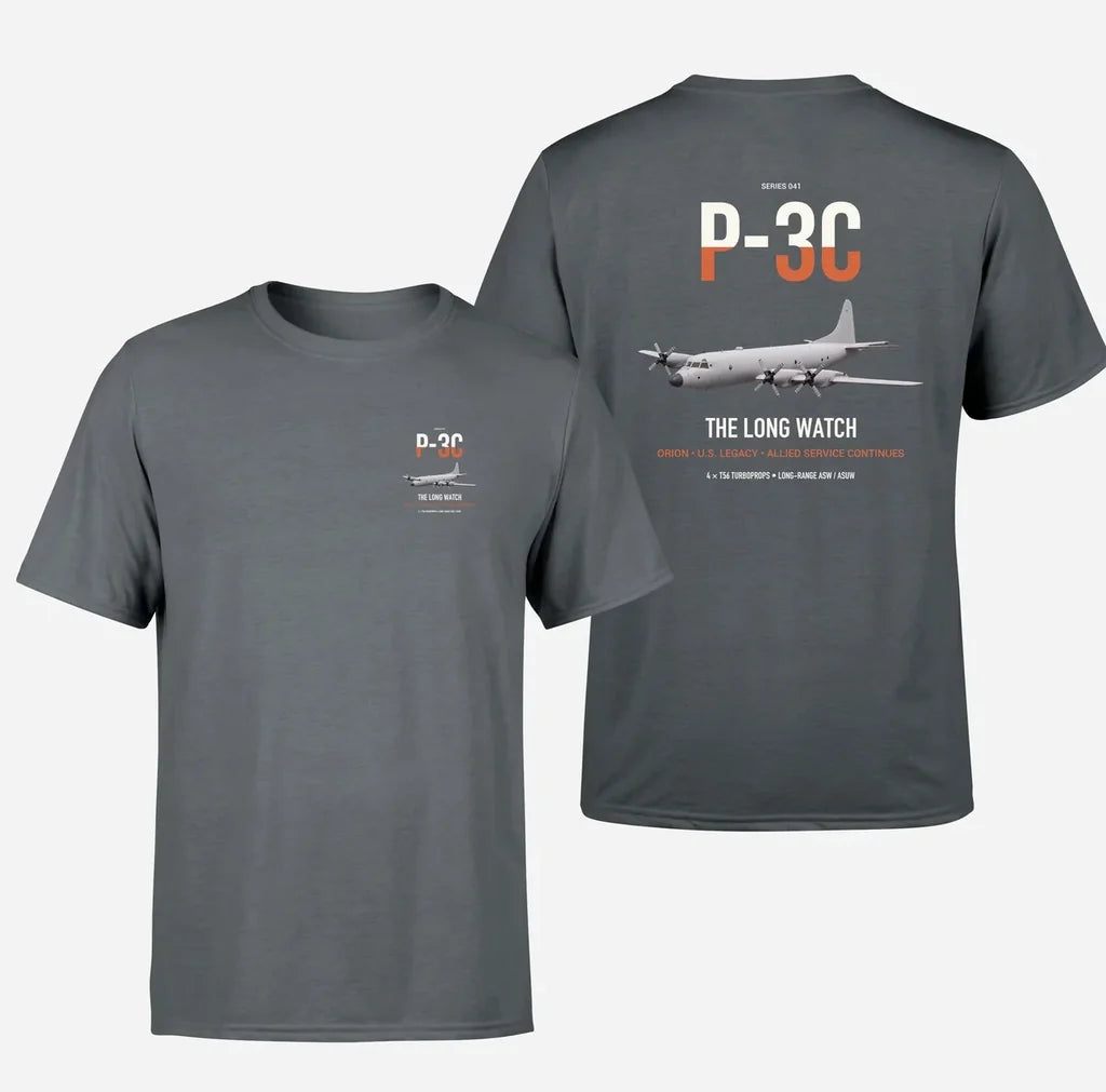 P-3C Orion design on gray double-side t-shirt, double-side print