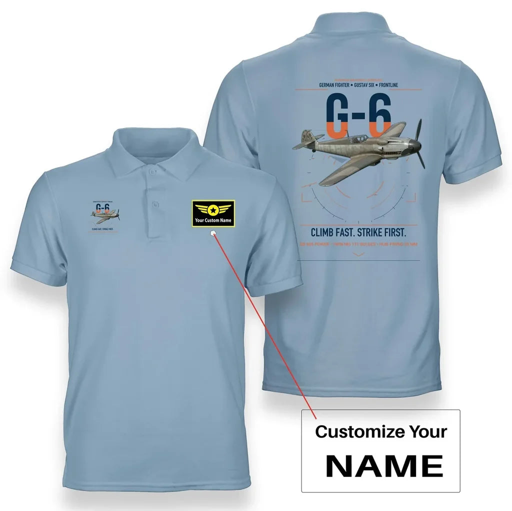 Messerschmitt Bf 109G-6 design on light blue+name double-side polo t-shirt, double-side print