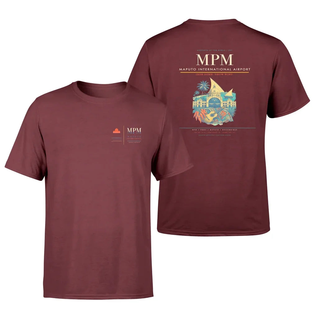 Maputo International Airport (MPM) design printed on dark red double-side t-shirt