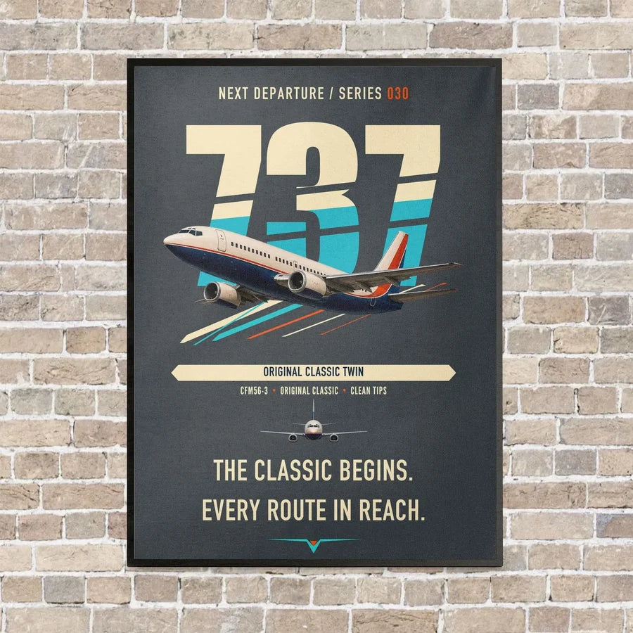 Boeing 737-300 Classic vertical canvas print - framed - gray background