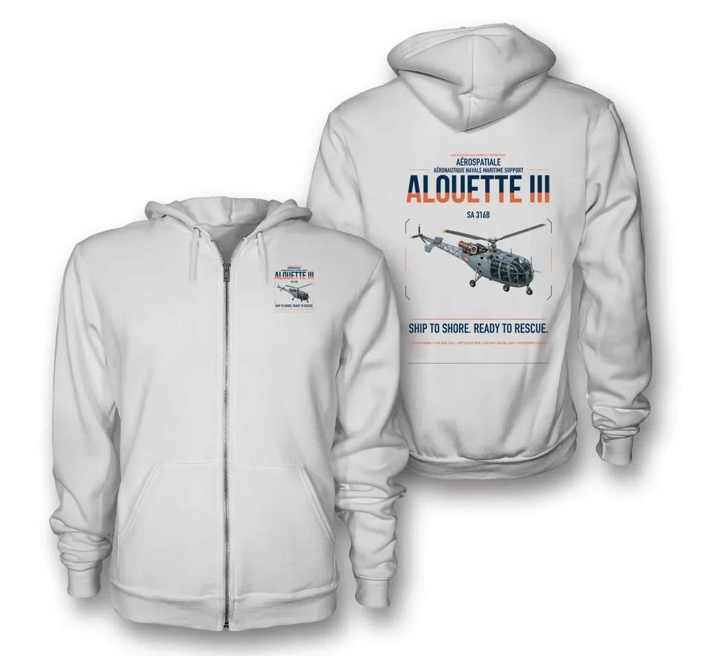 Aérospatiale SA 316B Alouette III design on white premium zipped hoodie, double-side print