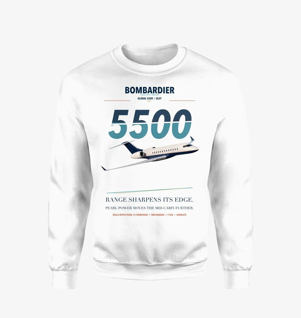 Bombardier Global 5500 design on white sweatshirt
