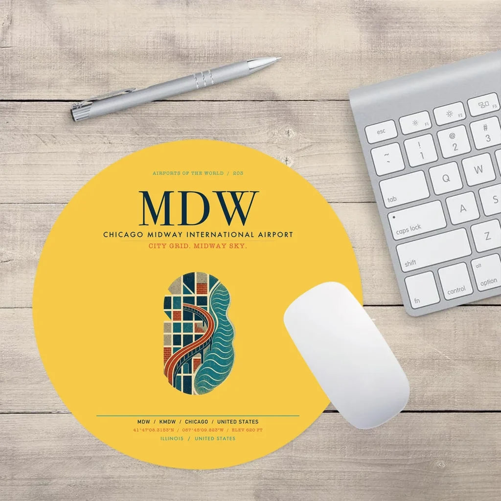 Chicago Midway International Airport (MDW) design on yellow round mouse pad