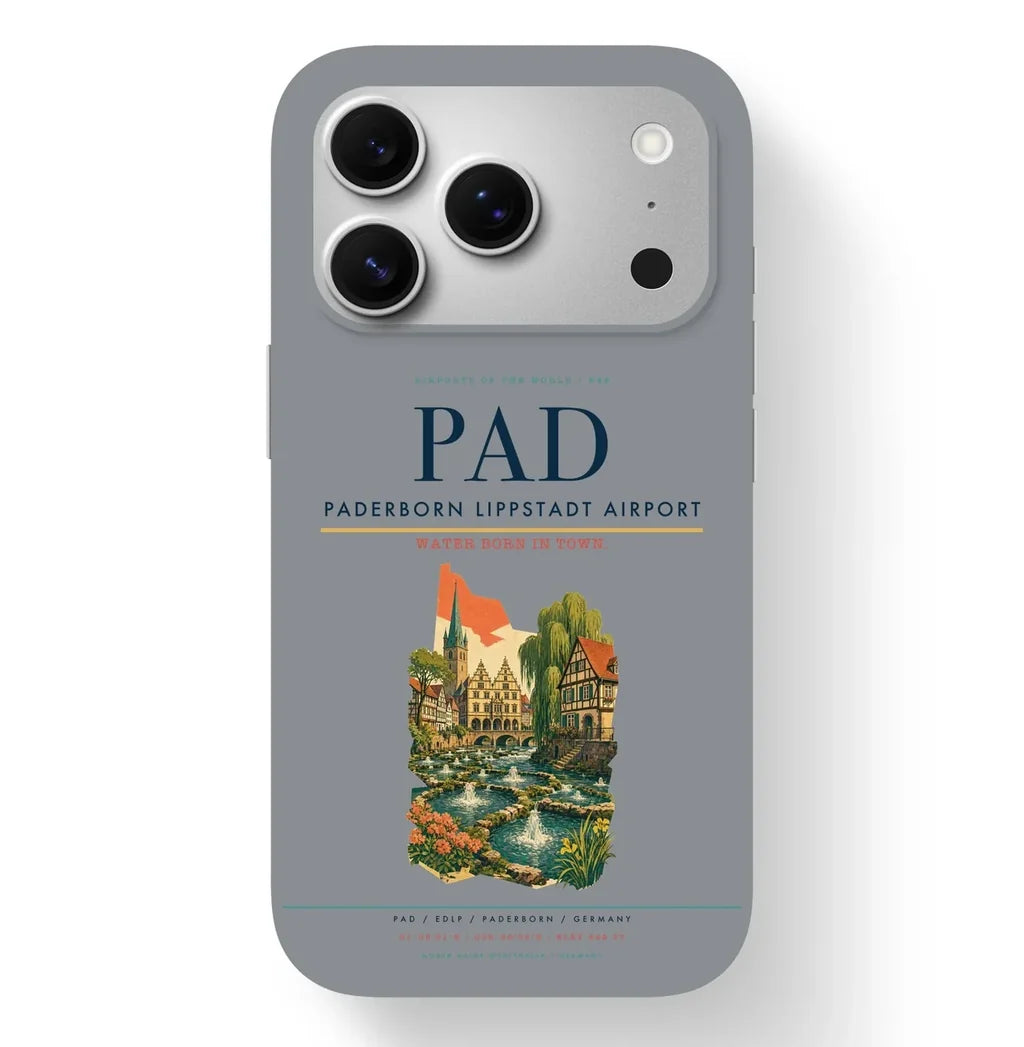 Paderborn Airport (PAD) design on gray iPhone 17 Pro MagSafe case