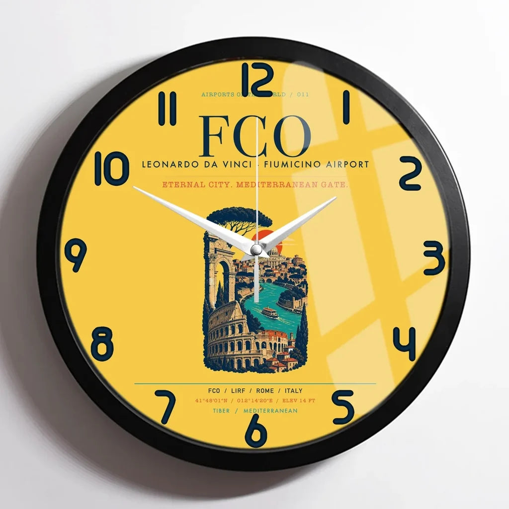Rome Leonardo da Vinci Fiumicino Airport (FCO) design on yellow framed wall clock