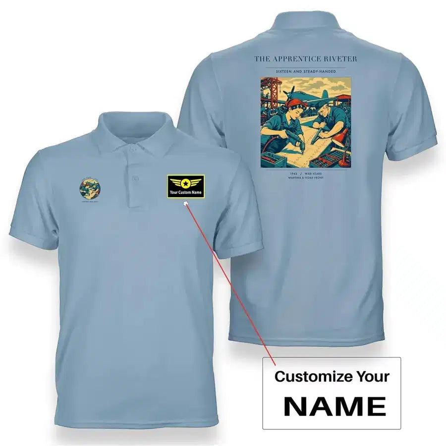 VINTAGE G4530 - The Apprentice Riveter - Double-Side Polo T-Shirt design on lightblue+name