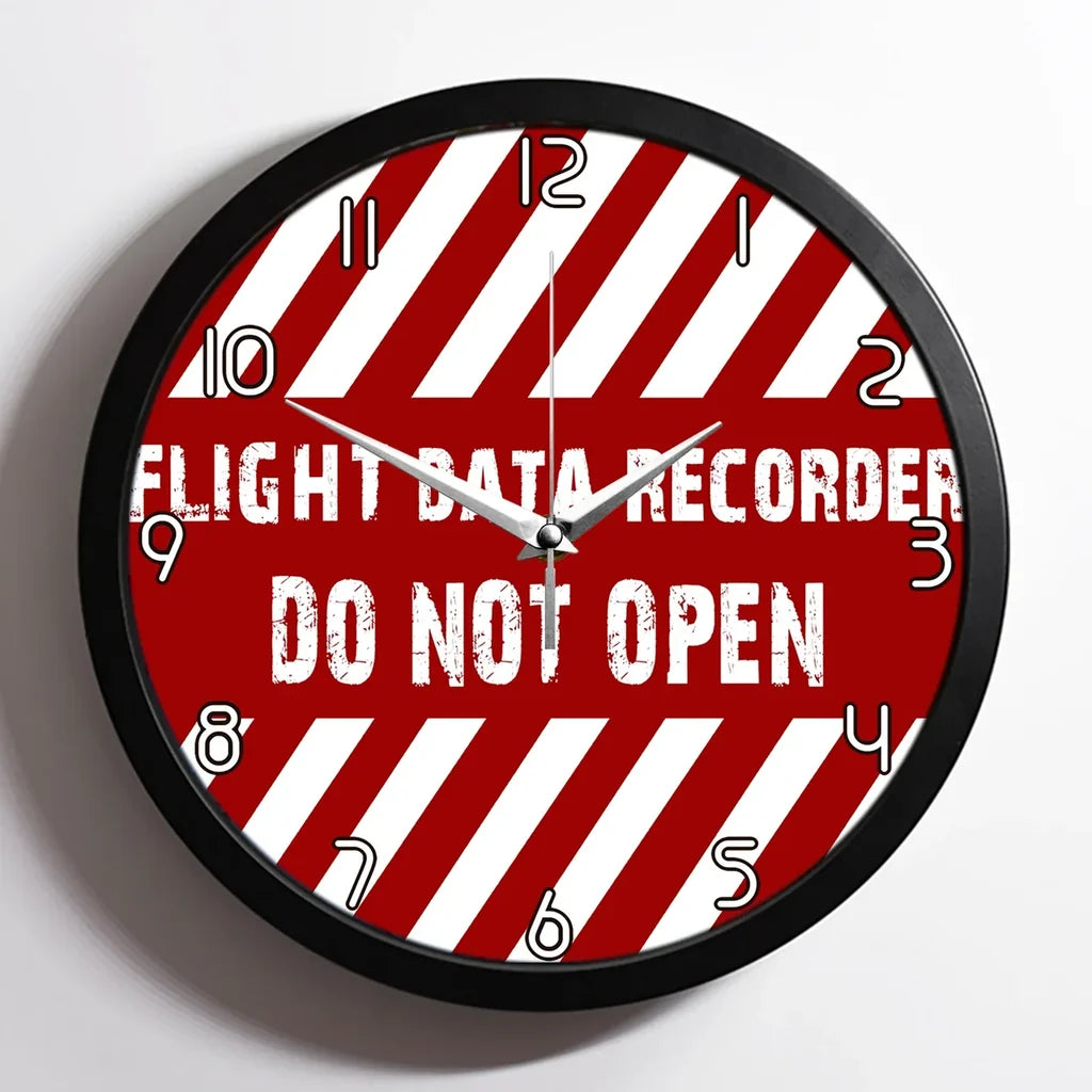 Flight Data Recorder aviation design on premium wood and metal wall clock.