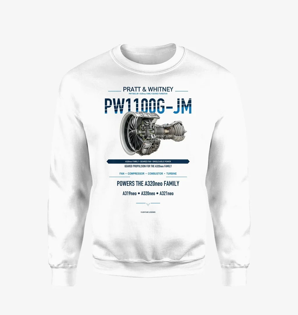 PW1100G-JM design on white sweatshirt