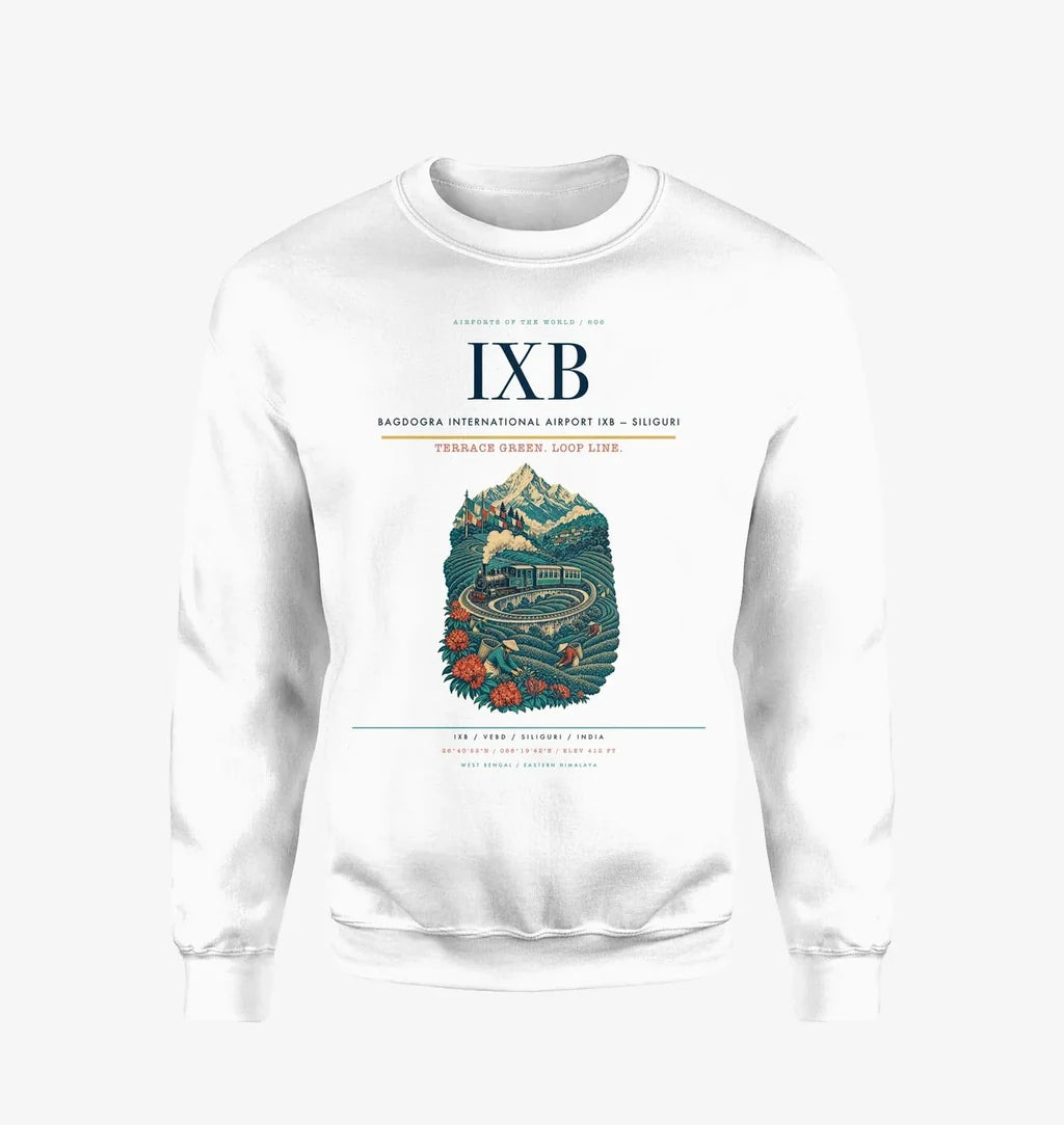 Bagdogra International Airport (IXB) design on white sweatshirt