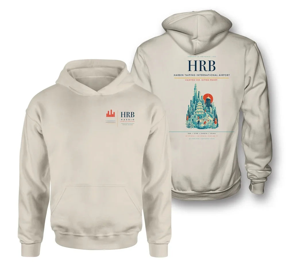 Harbin Taiping International Airport (HRB) design on khaki double-side hoodie