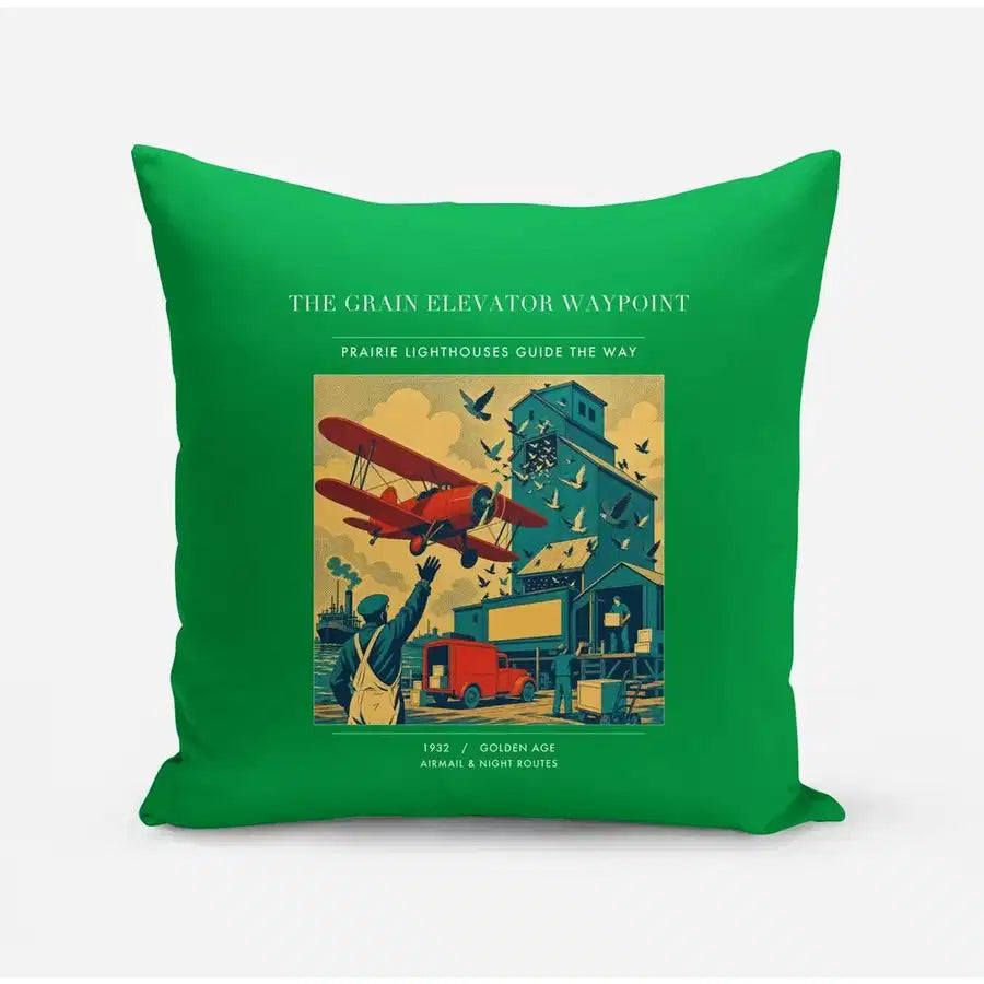 VINTAGE G4451 - The Grain Elevator Waypoint - Designed Pillows design on green