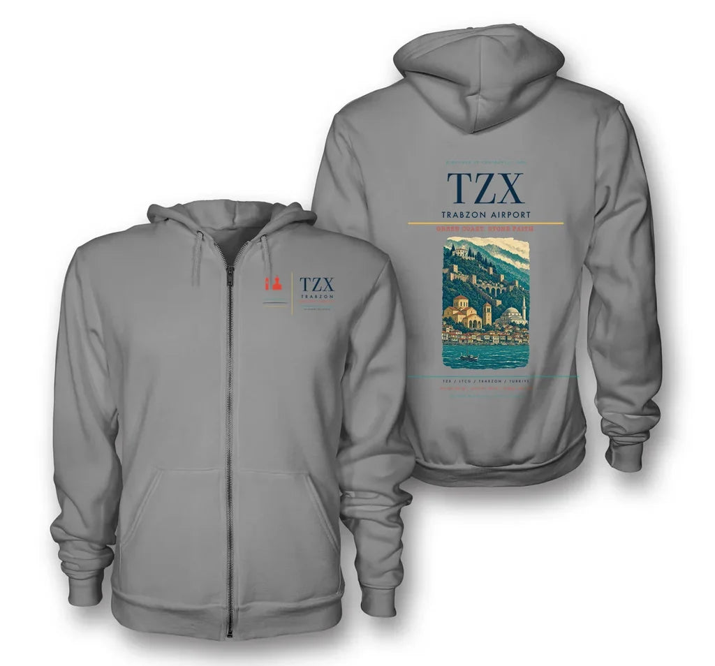 Trabzon Airport (TZX) design on gray premium zipped hoodie