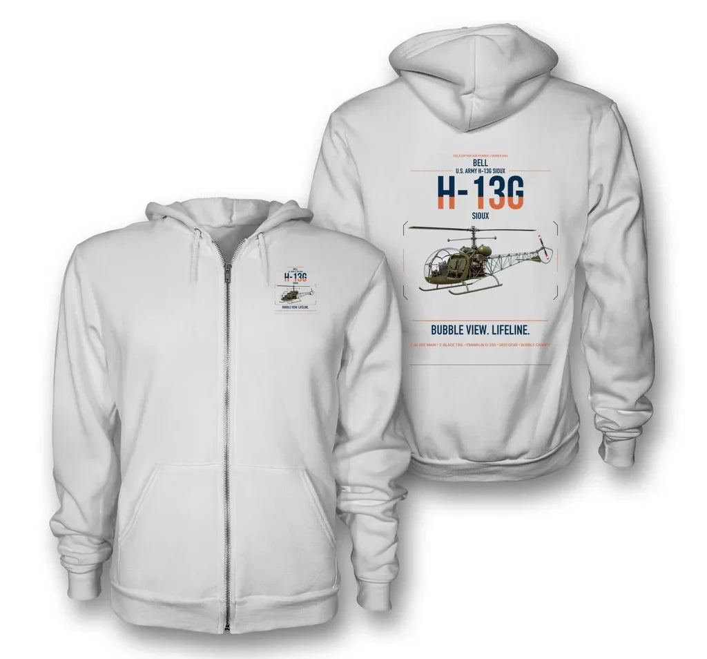 Bell H-13G Sioux design on white premium zipped hoodie, double-side print