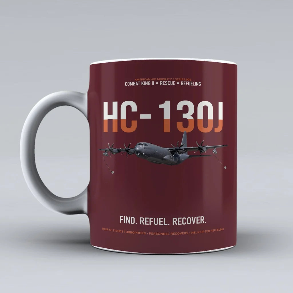 HC-130J COMBAT KING II design on dark red ceramic mug, double-side print