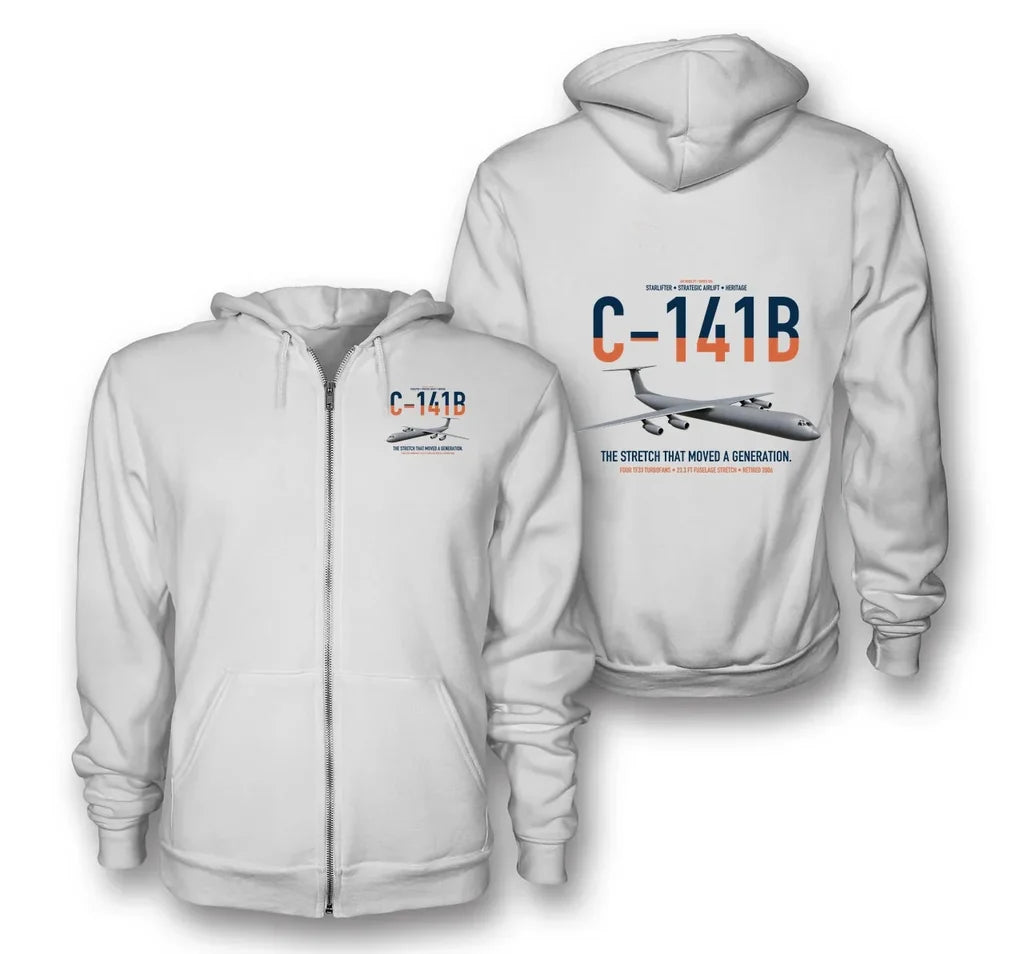 C-141B Starlifter design on white premium zipped hoodie, double-side print
