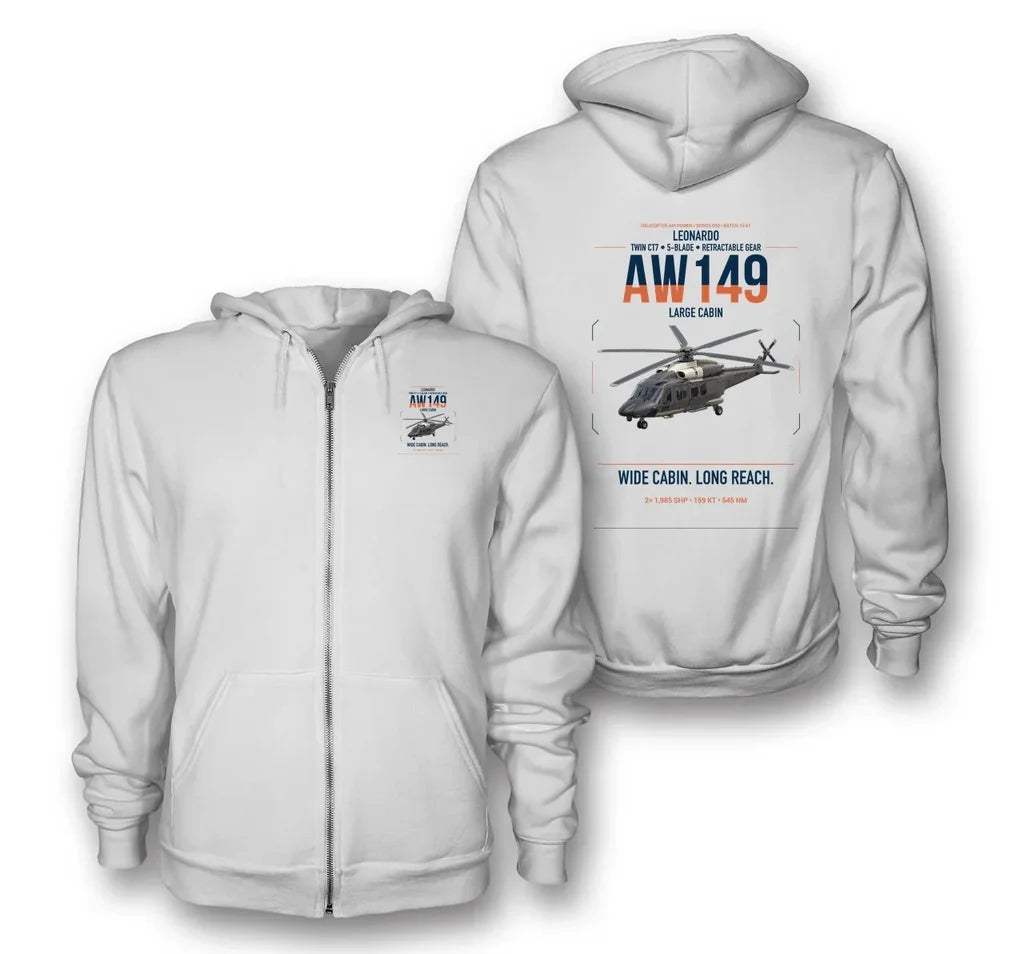 Leonardo AW149 design on white premium zipped hoodie, double-side print