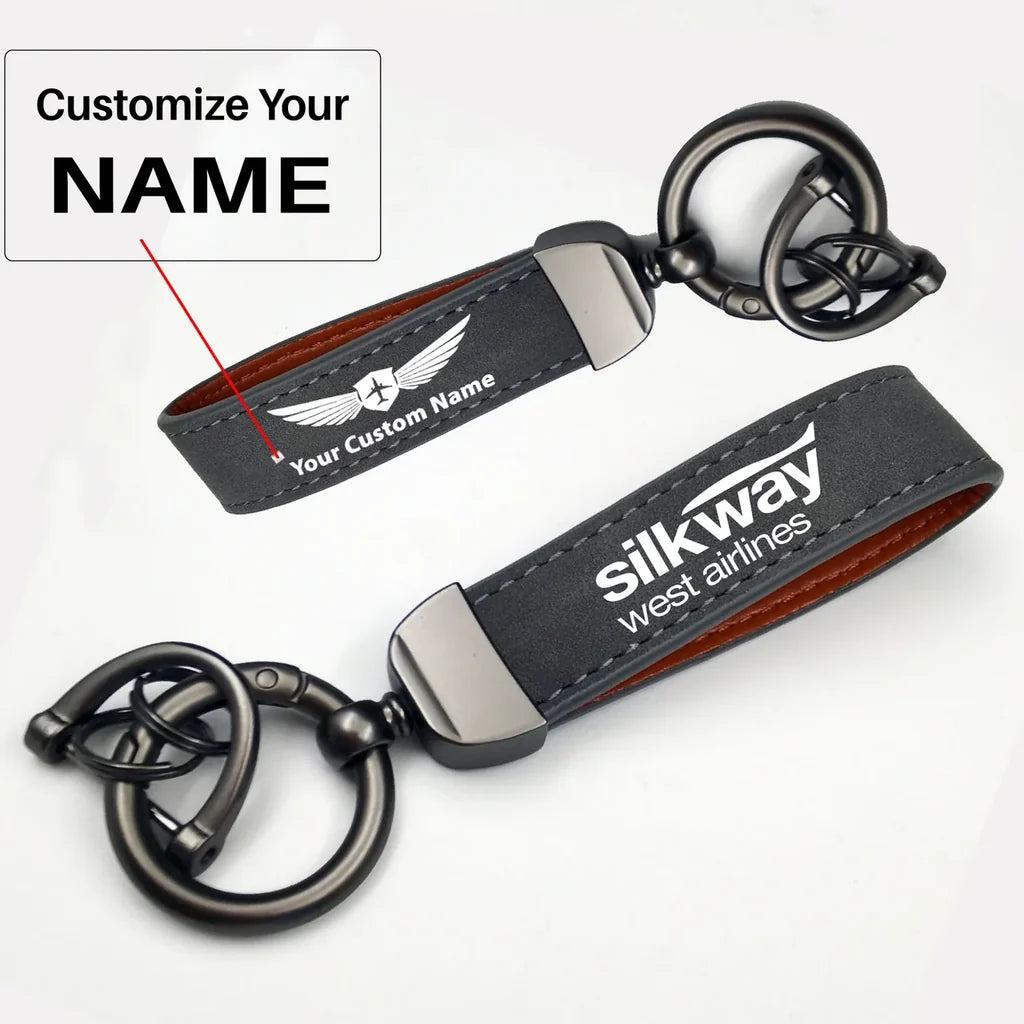 Silk Way West Airlines Horseshoe Buckle key chain, Gray + Name