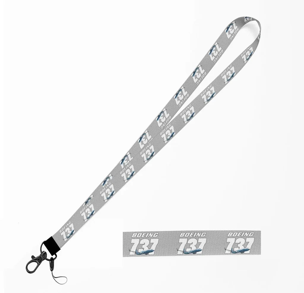 Super Boeing 737+Text lanyard and ID holder in light gray