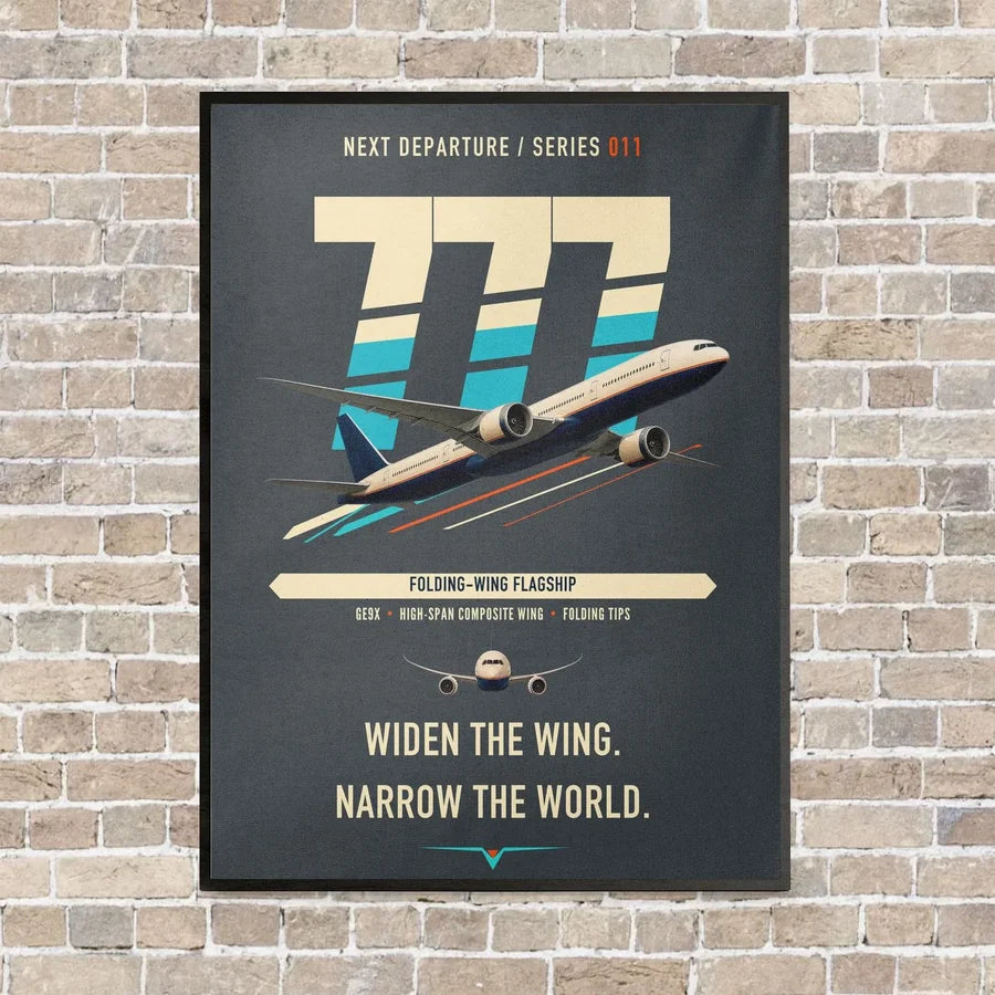 Boeing 777-9 vertical canvas print - framed - gray background