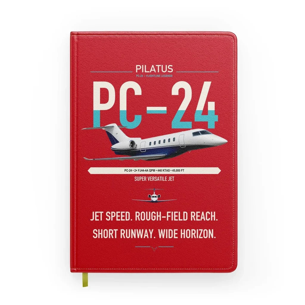Pilatus PC-24 design on red notebook