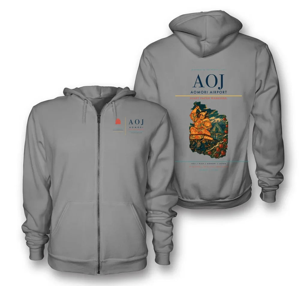 Aomori Airport (AOJ) design on gray premium zipped hoodie