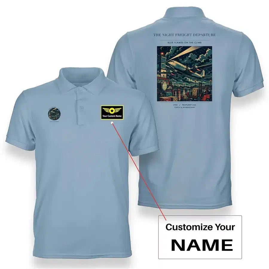 VINTAGE G4248 - The Night Freight Departure - Double-Side Polo T-Shirt design on lightblue+name