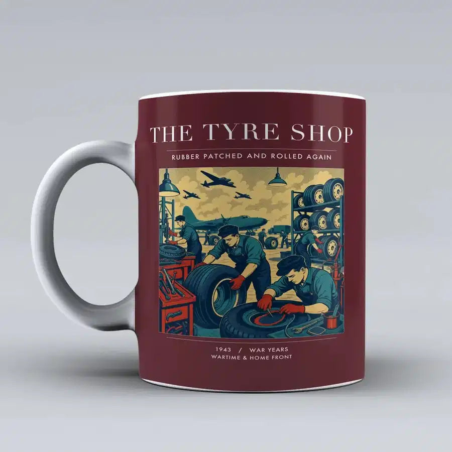 VINTAGE G4535 - The Tyre Shop - Ceramic Mug design on darkred