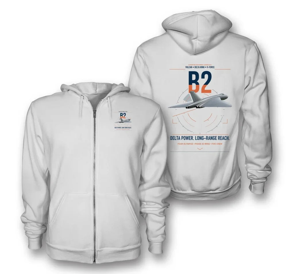 Avro Vulcan B2 design on white premium zipped hoodie, double-side print