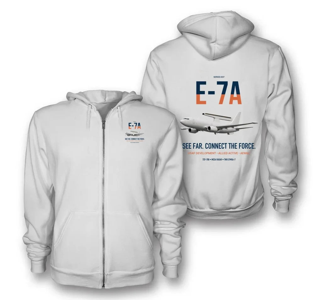 E-7A Wedgetail design on white premium zipped hoodie, double-side print