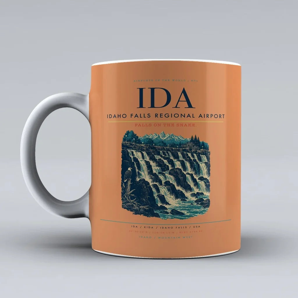 Idaho Falls Regional Airport (IDA) airport code design on orange ceramic mug