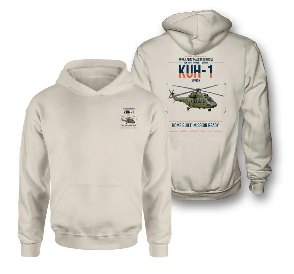 Korea Aerospace Industries KUH-1 Surion design on khaki double-side hoodie, double-side print