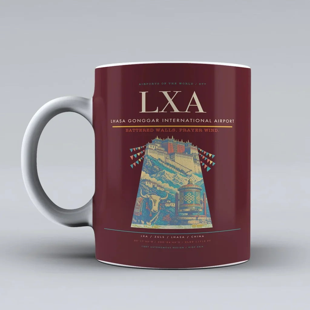 Gonggar International Airport LXA Mug design on dark red lhasa