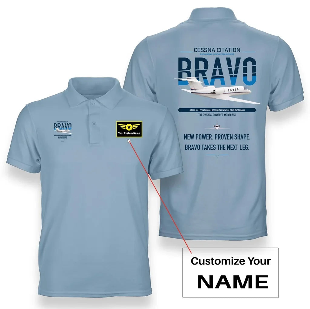 Cessna Citation Bravo design on light blue+name double-side polo t-shirt, double-side print