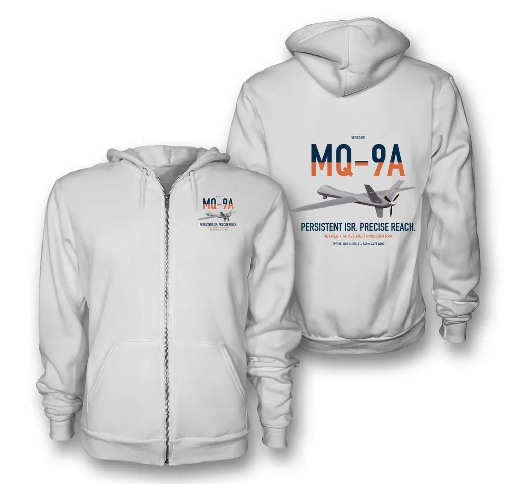 MQ-9A Reaper design on white premium zipped hoodie, double-side print
