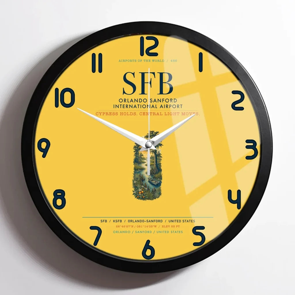 Orlando Sanford International Airport (SFB) design on yellow framed wall clock
