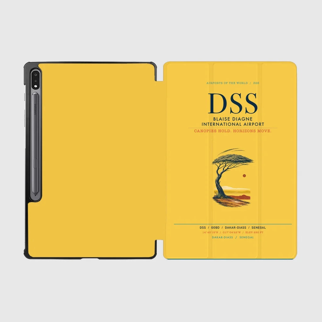 Blaise Diagne International Airport (DSS) design on yellow samsung tablet tablet case