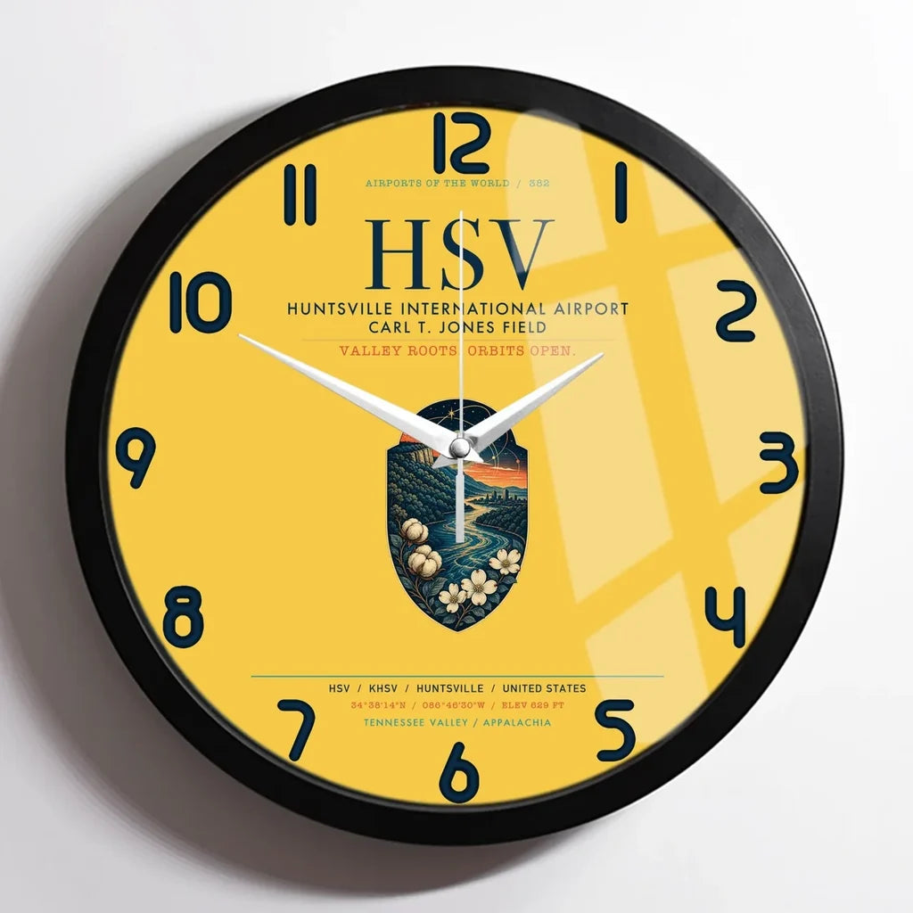 Huntsville International Airport (HSV) design on yellow framed wall clock