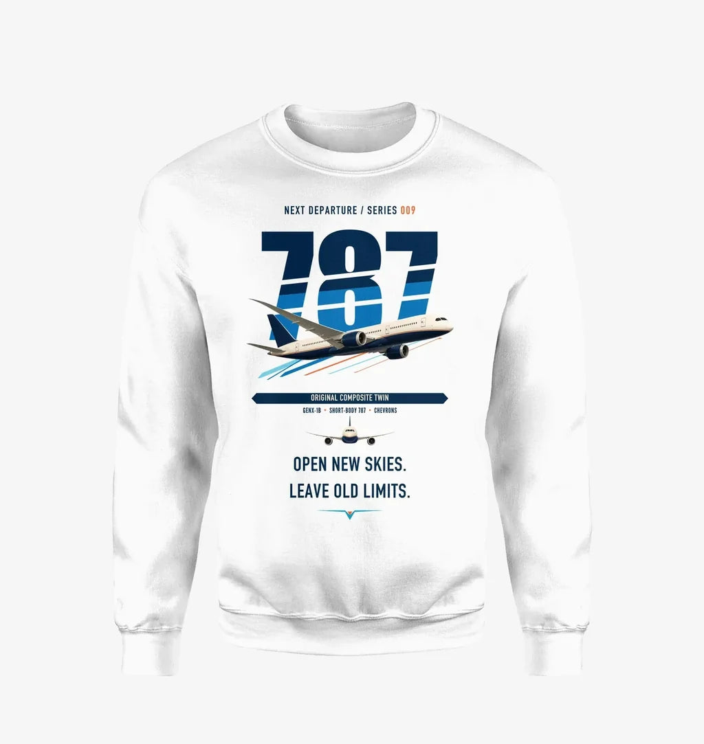 Boeing 787-8 Dreamliner design on white sweatshirt
