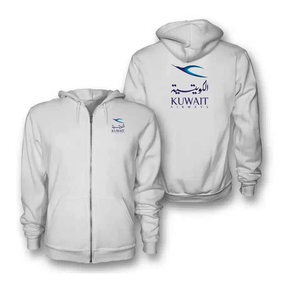 Kuwait Airways Airlines logo on white zipped hoodie