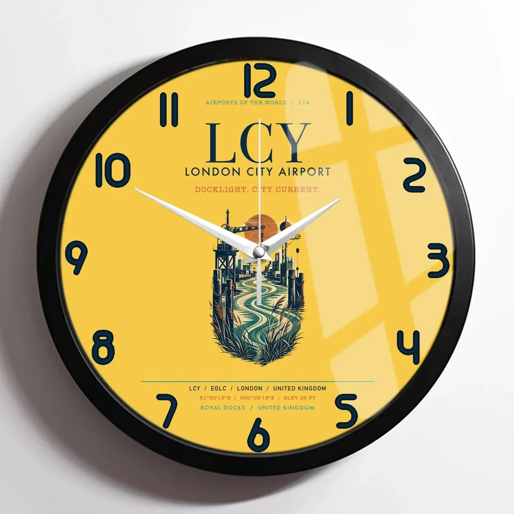 London City Airport (LCY) design on yellow framed wall clock