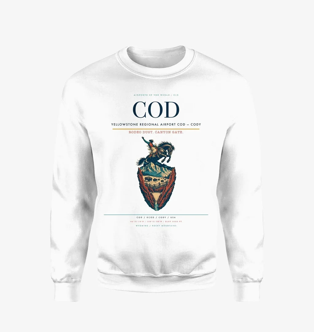 Yellowstone Regional Airport (COD) design on white sweatshirt