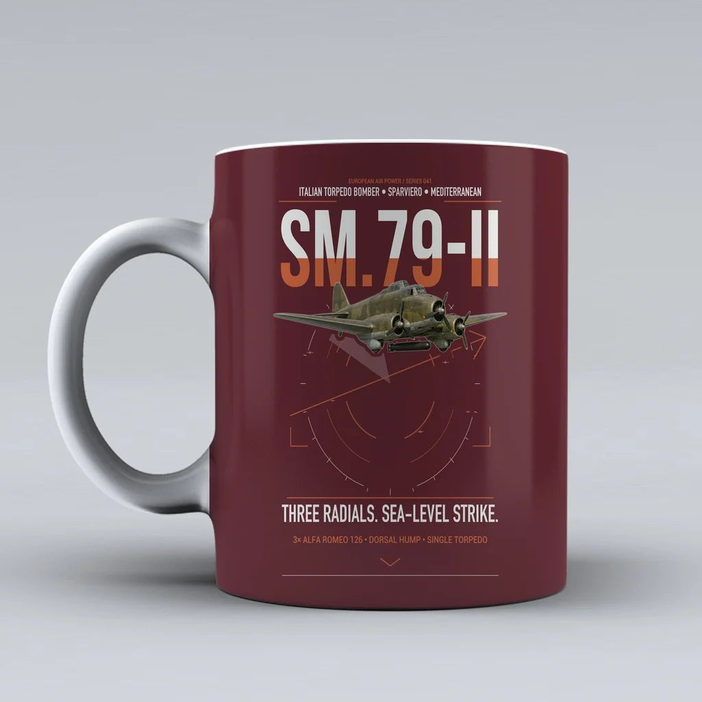 Savoia-Marchetti SM.79-II Sparviero design on dark red ceramic mug, double-side print