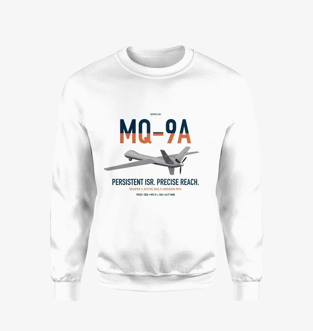 MQ-9A Reaper design on white sweatshirt