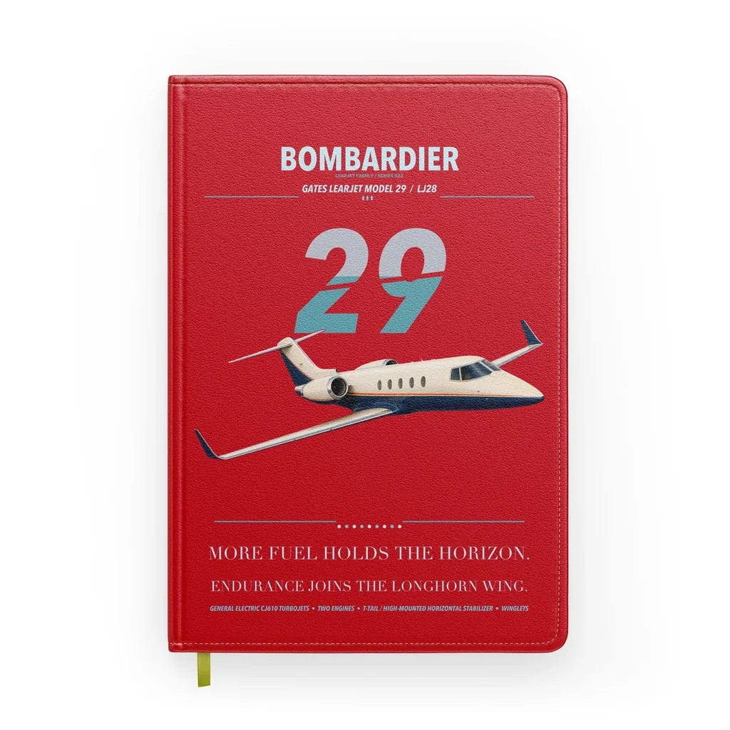 Bombardier Learjet 29 design on red notebook