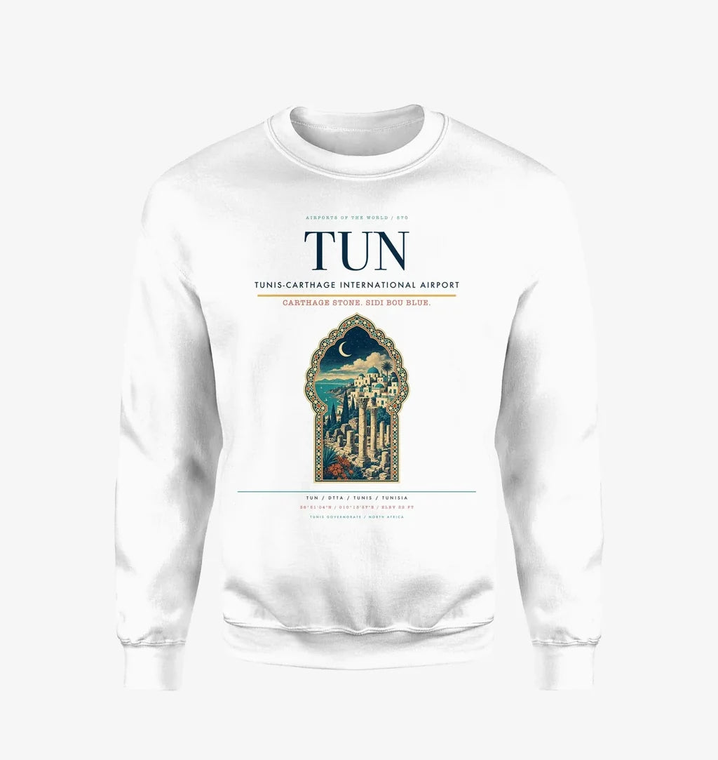 Tunis-Carthage International Airport (TUN) design on white sweatshirt