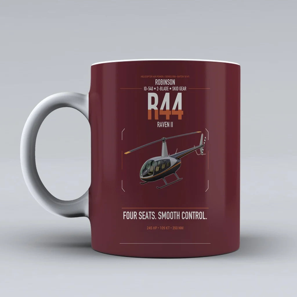 Robinson R44 Raven II design on dark red ceramic mug, double-side print