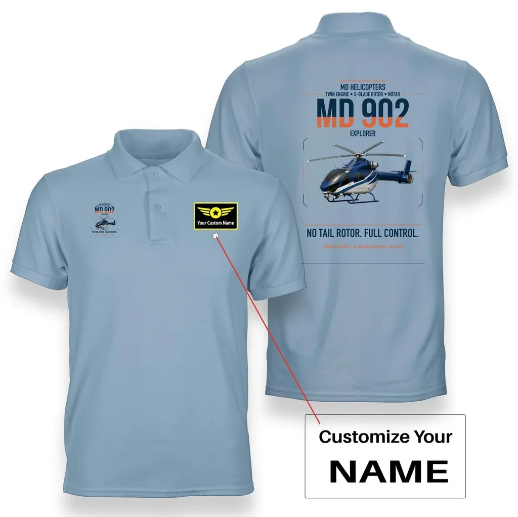 MD Helicopters MD 902 Explorer design on light blue+name double-side polo t-shirt, double-side print