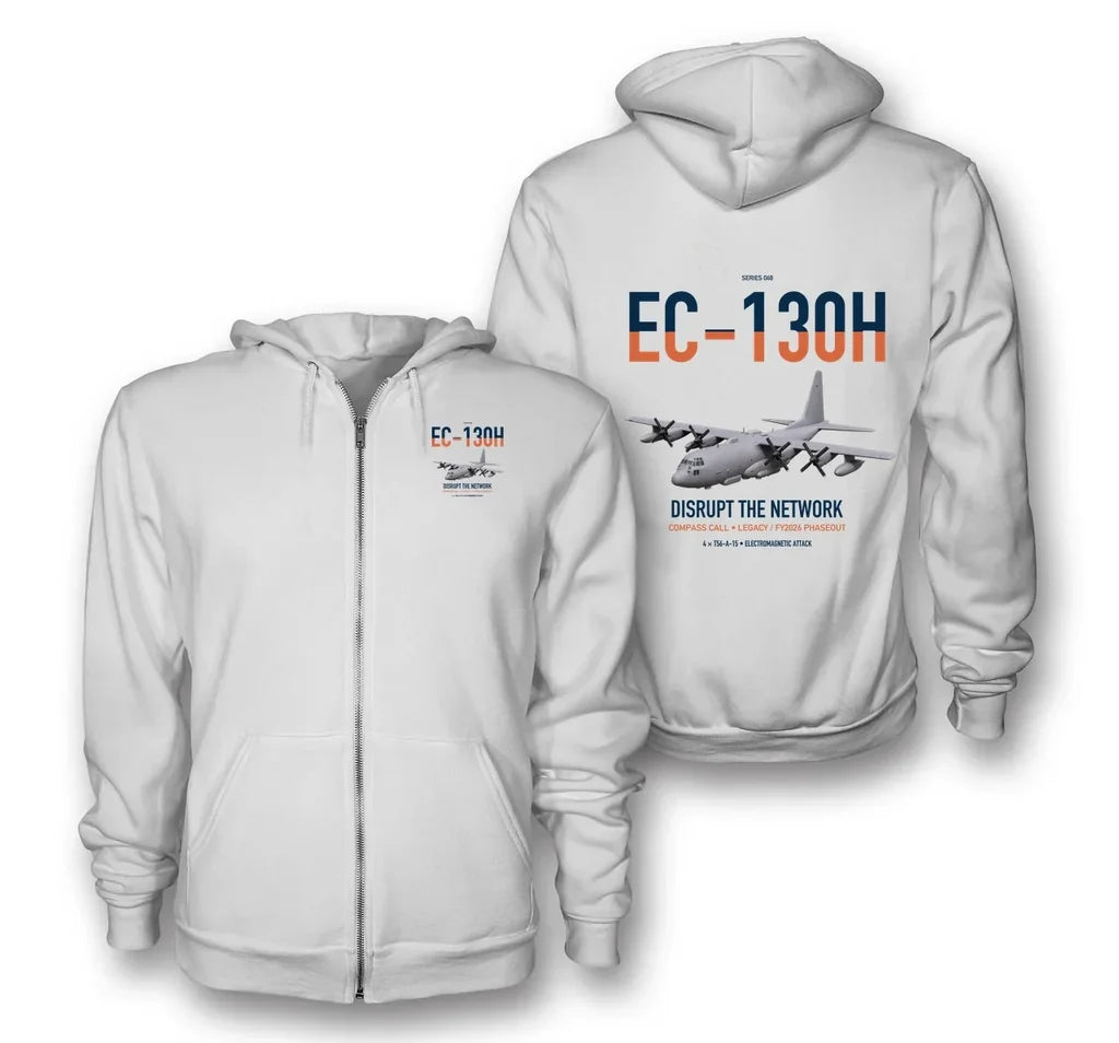 EC-130H Compass Call design on white premium zipped hoodie, double-side print