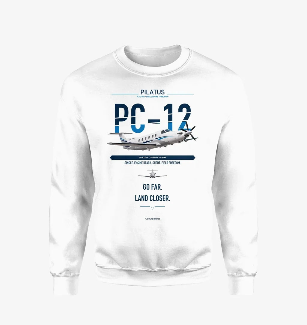 Pilatus PC-12 PRO design on white sweatshirt